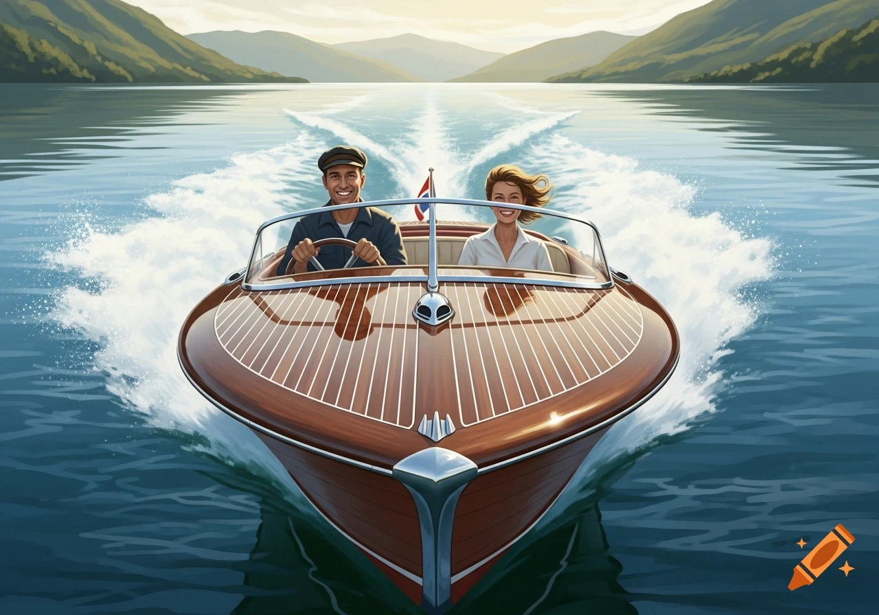 A man drives a vintage wooden speed boat with a smiling woman next to him on a lake surrounded by mountains.
