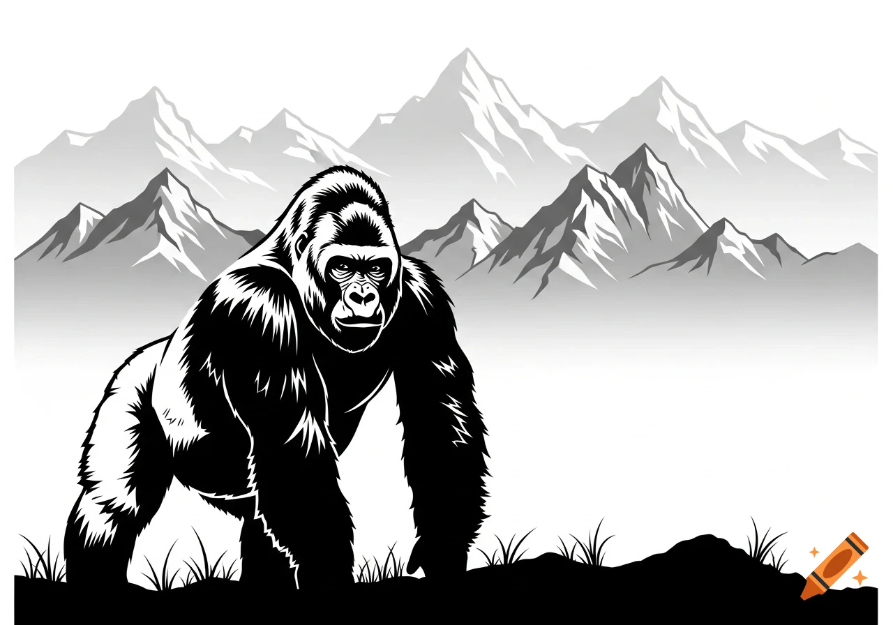Black and white stencil art illustration of a gorilla standing on a hill with mountains in the background.
