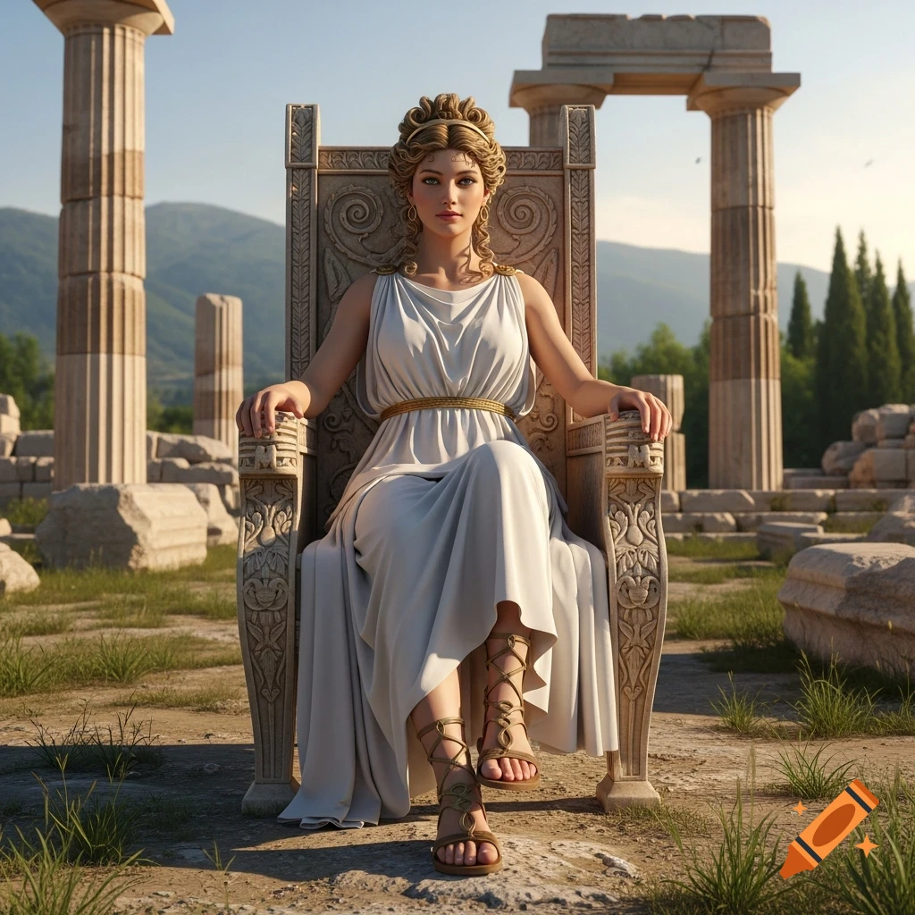 Photorealistic Greek goddess with blonde hair, white tunic, golden sandals, on an ornate throne amidst sunny ruins.