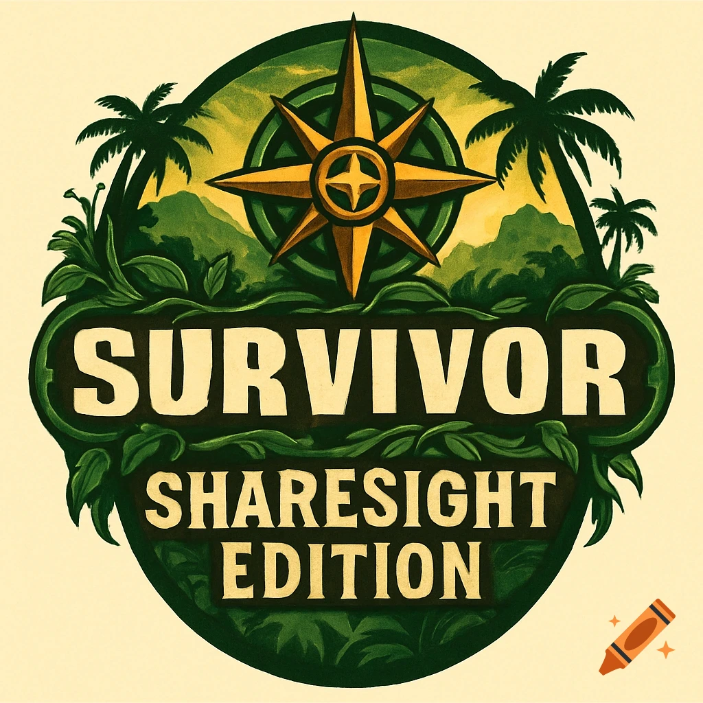 A circular 'Survivor Sharesight Edition' logo featuring a compass rose, palm trees, and jungle foliage against a sunset sky.