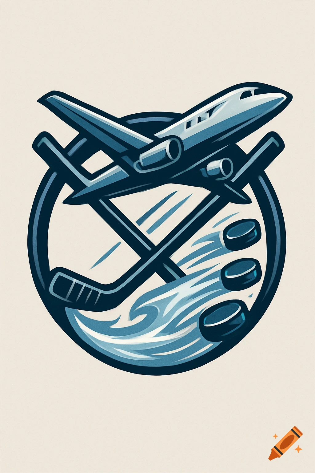 Stylized blue and white ice hockey logo featuring an airplane, crossed hockey sticks, and three pucks within a circle.