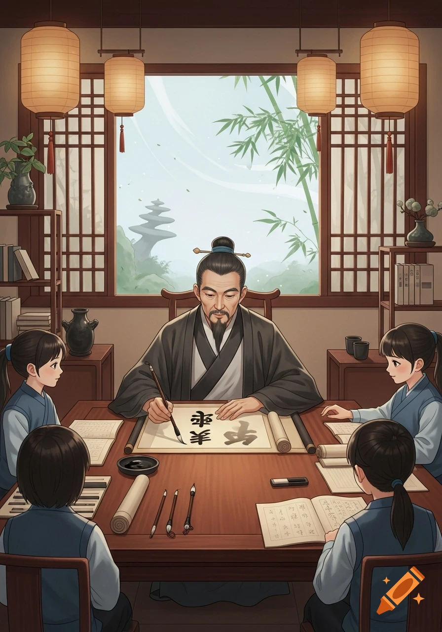 An old Chinese man teaches three children calligraphy in a traditional room with paper lanterns and a view of a serene landscape.