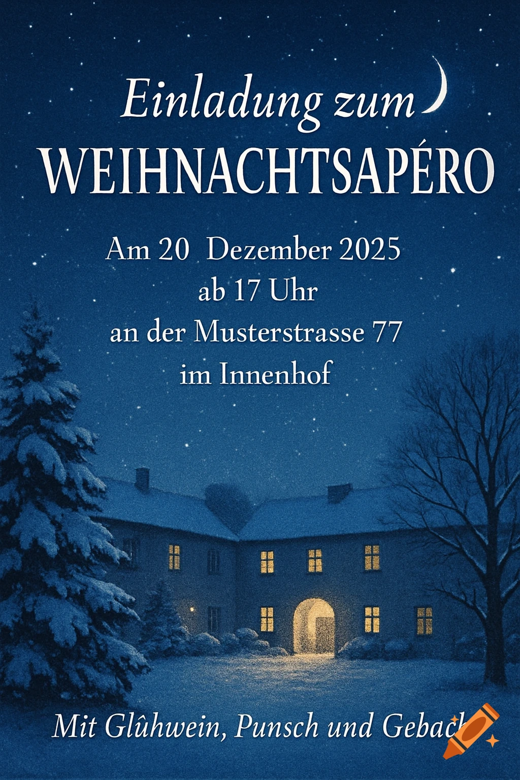 A dark blue Christmas invitation flyer with white text and a snowy winter scene of a building at night under a starry sky.