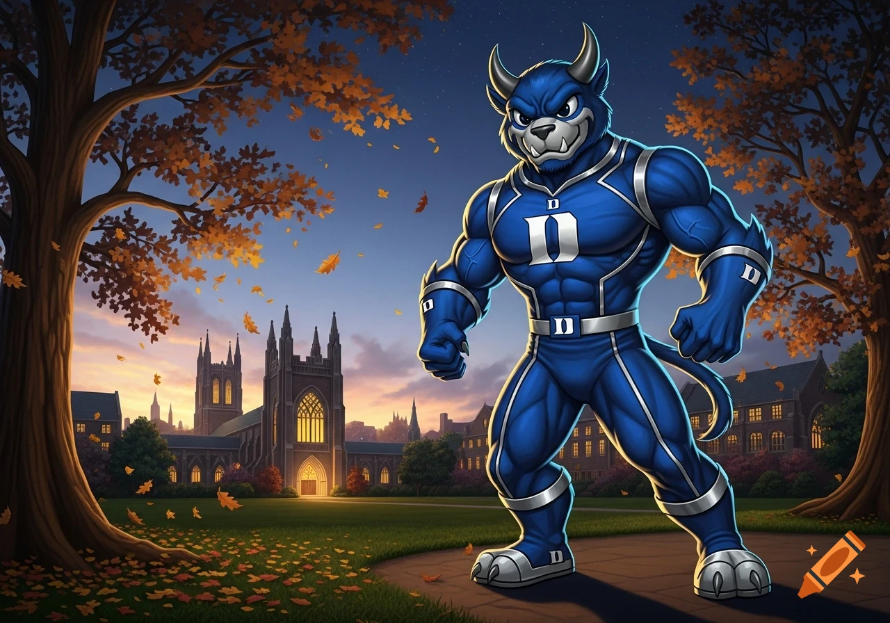 Muscular blue bull-like mascot with a 'D' on its chest, standing on a campus path at dusk with gothic university buildings and autumn trees.