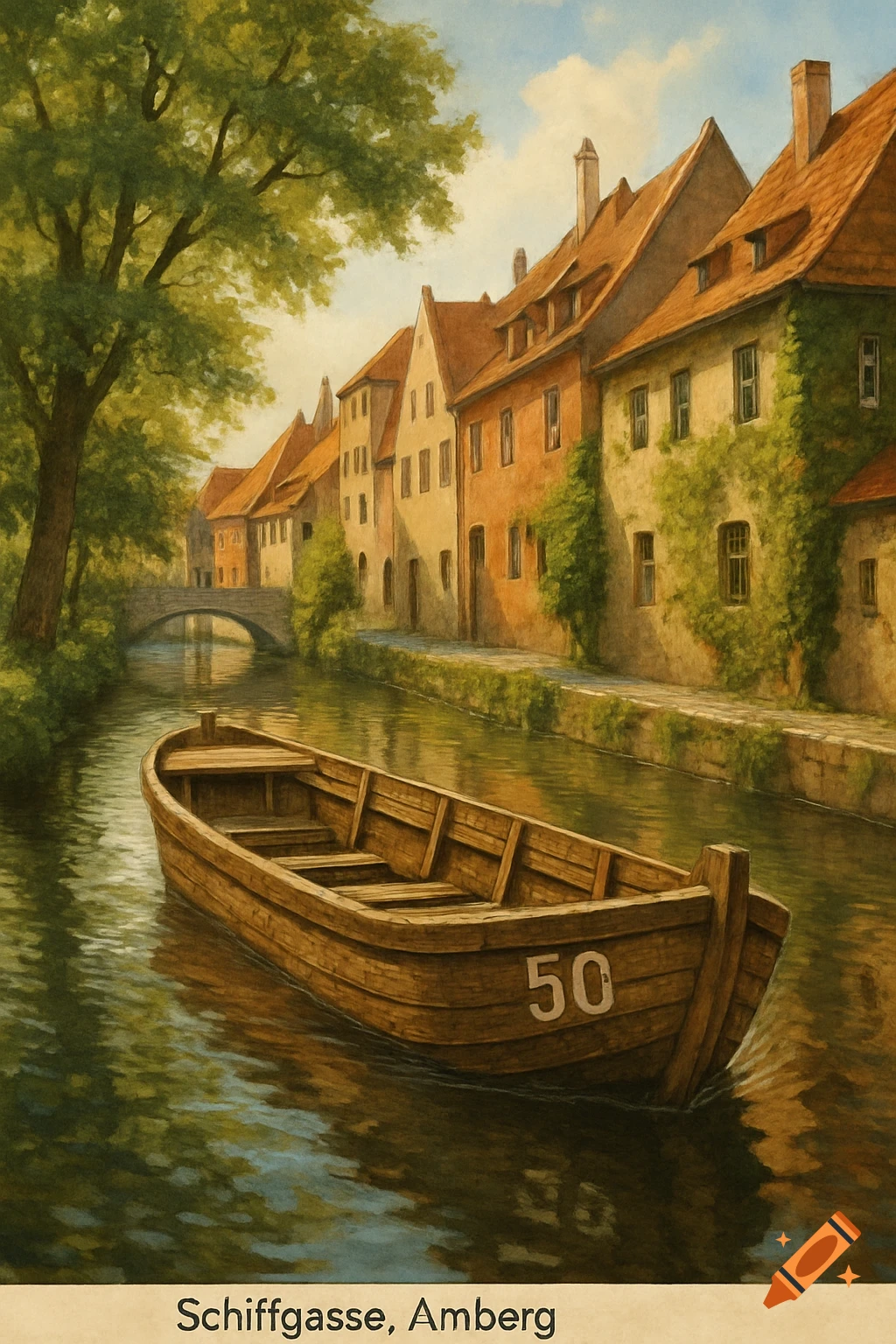 A serene watercolor painting depicts a wooden boat with the number 50 floating in a canal bordered by historic buildings with orange roofs and lush trees, under a bright sky.