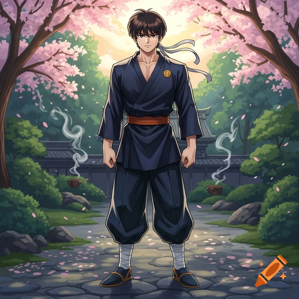 A stoic male anime character in a dark blue martial arts uniform with an orange obi stands on a stone path in a cherry blossom Japanese garden.