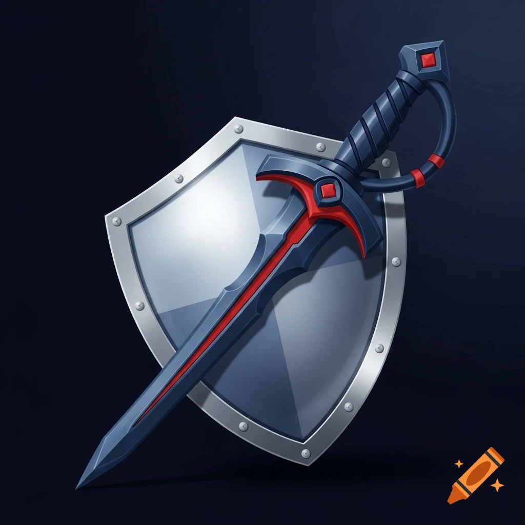 A stylized silver shield with a navy sword and red accents, angled against a dark background.
