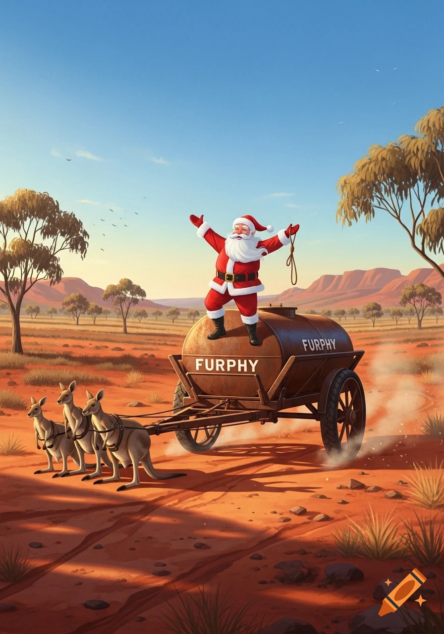 Santa Claus rides a 'Furphy' water cart pulled by three kangaroos through a dusty Australian outback landscape.