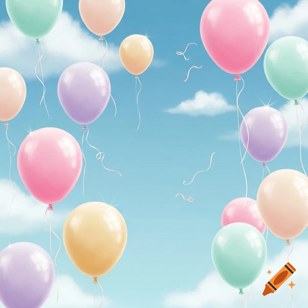 Many pastel-colored balloons floating against a light blue sky with wispy white clouds.