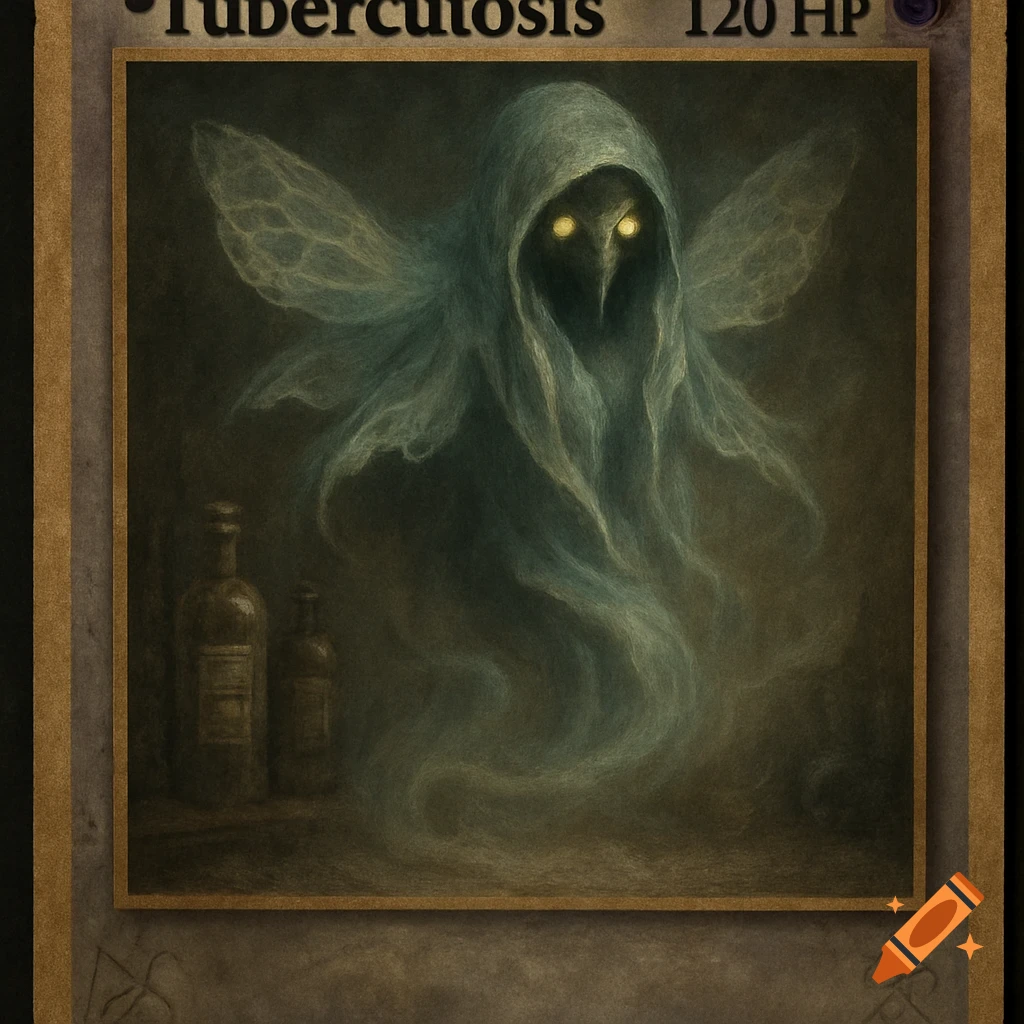 A dark fantasy trading card with 'Tuberculosis 120 HP' text, featuring a hooded, ghost-like creature with glowing yellow eyes and subtle wings.