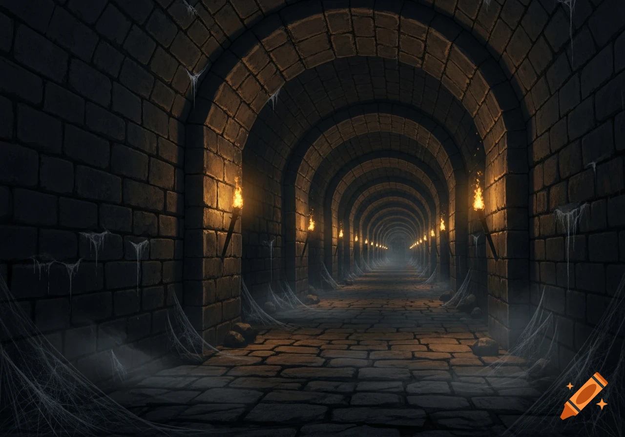 A long, dark stone dungeon tunnel with arched ceilings, lit by torches, and covered in cobwebs and mist.