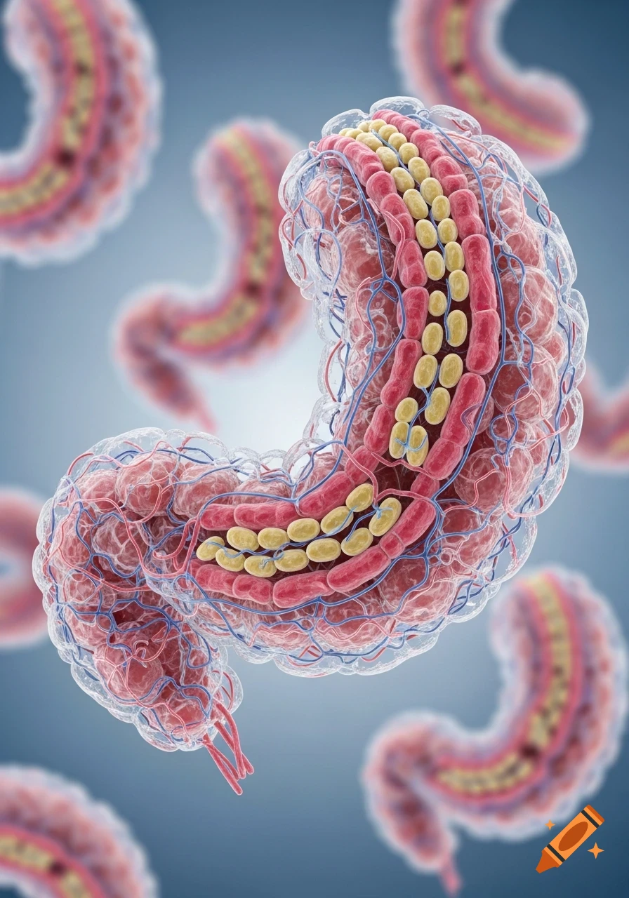 Detailed 3D biomedical illustration of gastric organoids, showing intricate cellular structures, yellow tissue, and blood vessels.