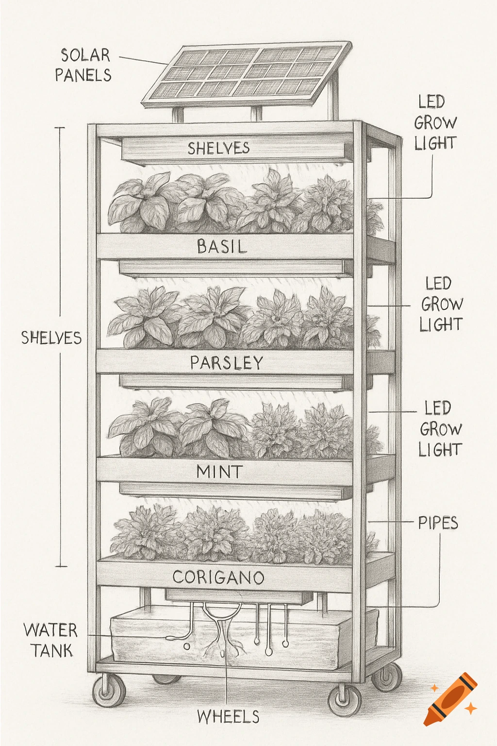 A detailed grey pencil sketch diagram of a vertical hydroponic farm with solar panels, LED grow lights, a water tank, and multiple shelves of plants, all labeled.