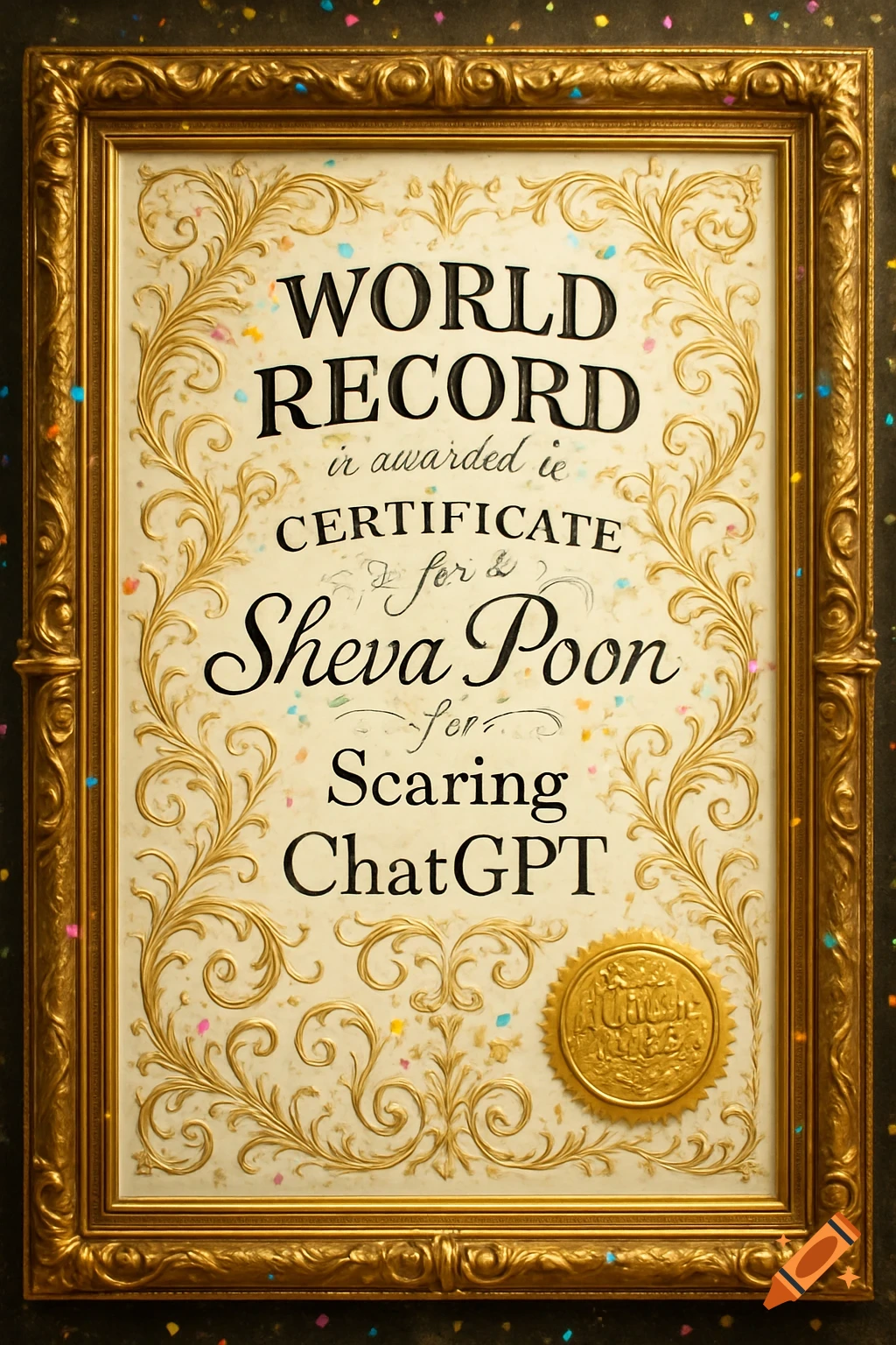 A gold-framed certificate with elaborate flourishes and confetti, awarding a 'WORLD RECORD' to 'Sheva Poon for Scaring ChatGPT'.