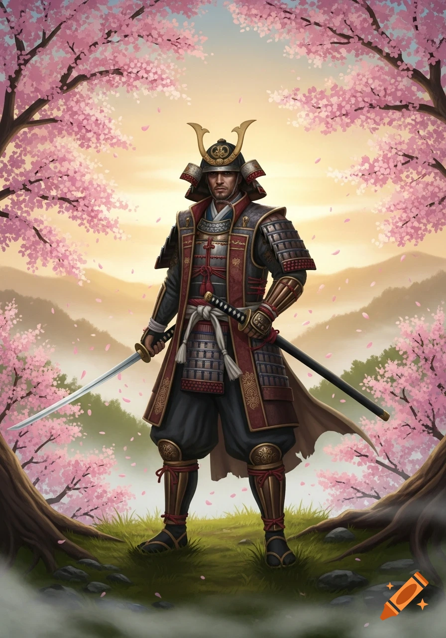 A samurai warrior in traditional armor holds a katana, surrounded by pink cherry blossom trees and mountains in an illustrated style.
