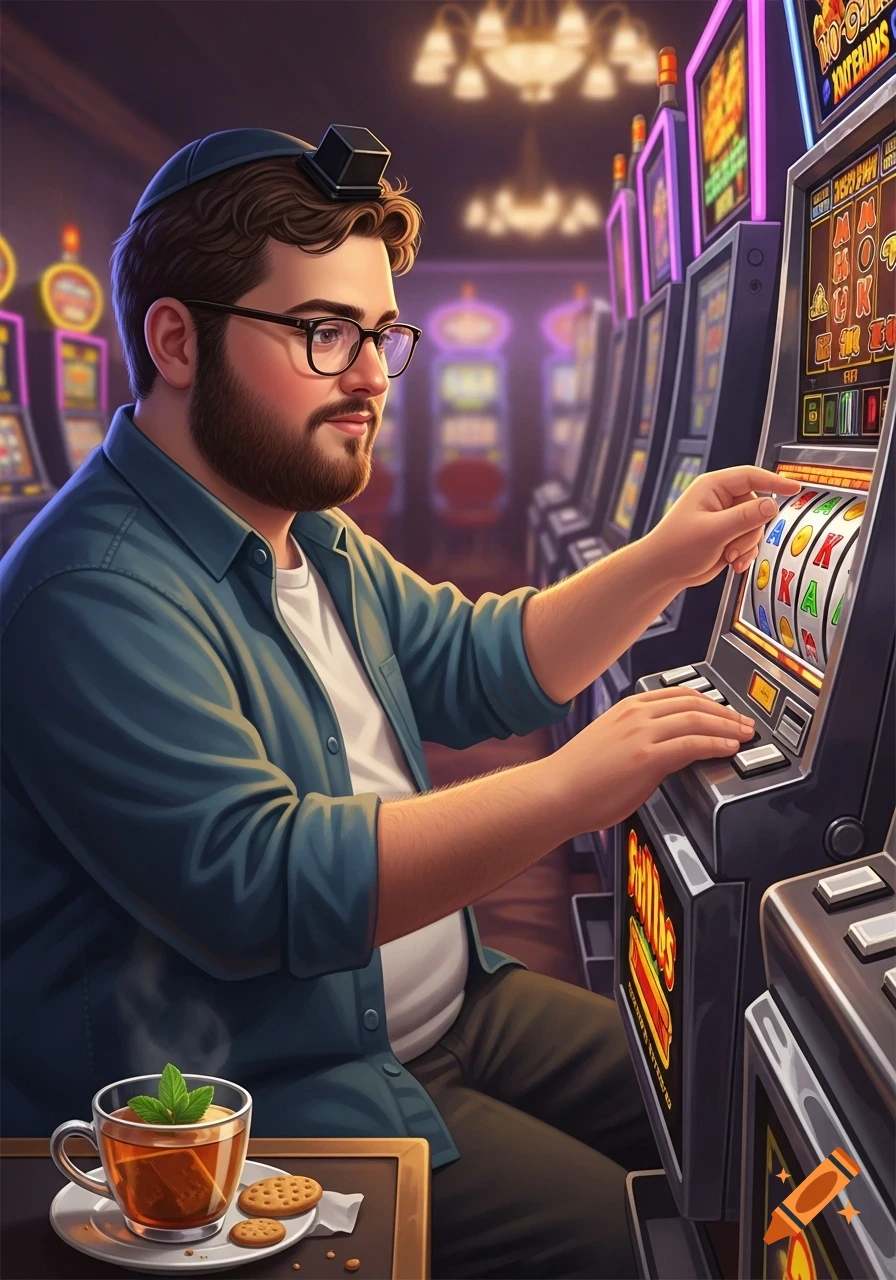 An illustration of a bearded man with glasses, wearing a yarmulke, playing a slot machine in a vibrant casino, with a cup of tea and cookies nearby.