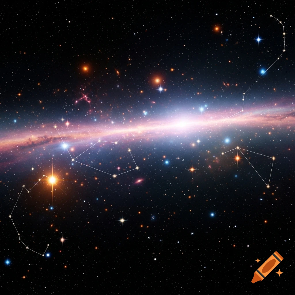 Vibrant galaxy with a bright core and visible star constellations against a dark, starry sky.