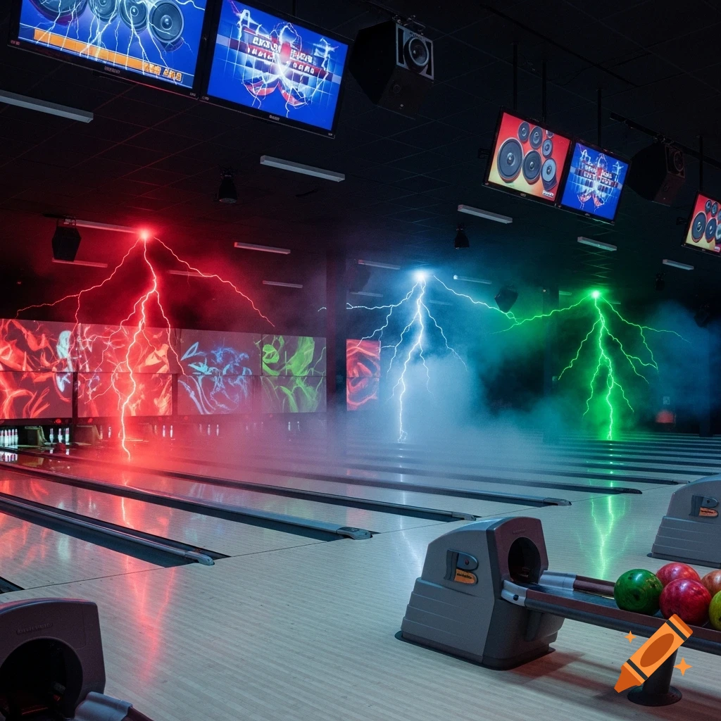A vibrant bowling alley with red, blue, and green lightning bolts striking through fog, glowing screens above the lanes.