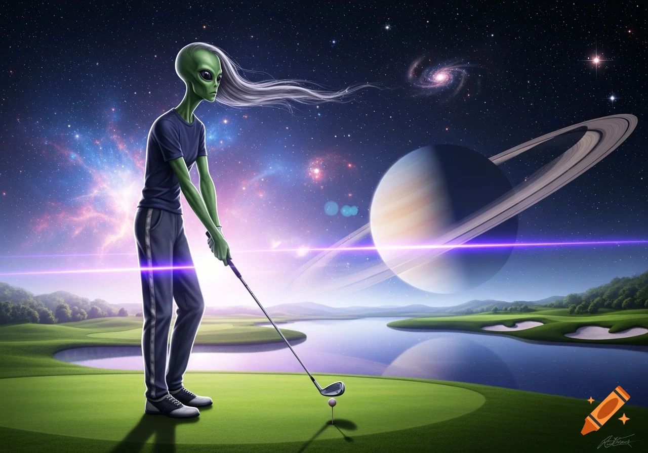 A lean green alien swings a golf club on a course under a vibrant starry sky with a large ringed planet and nebula.