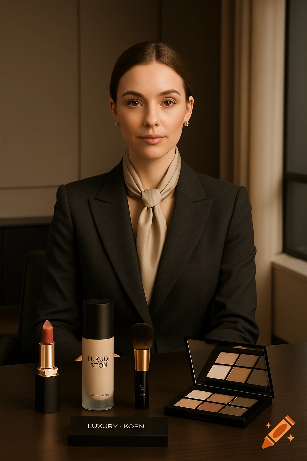 A professional portrait of a woman in a suit, sitting at a desk with makeup products, in a luxurious modern office setting.