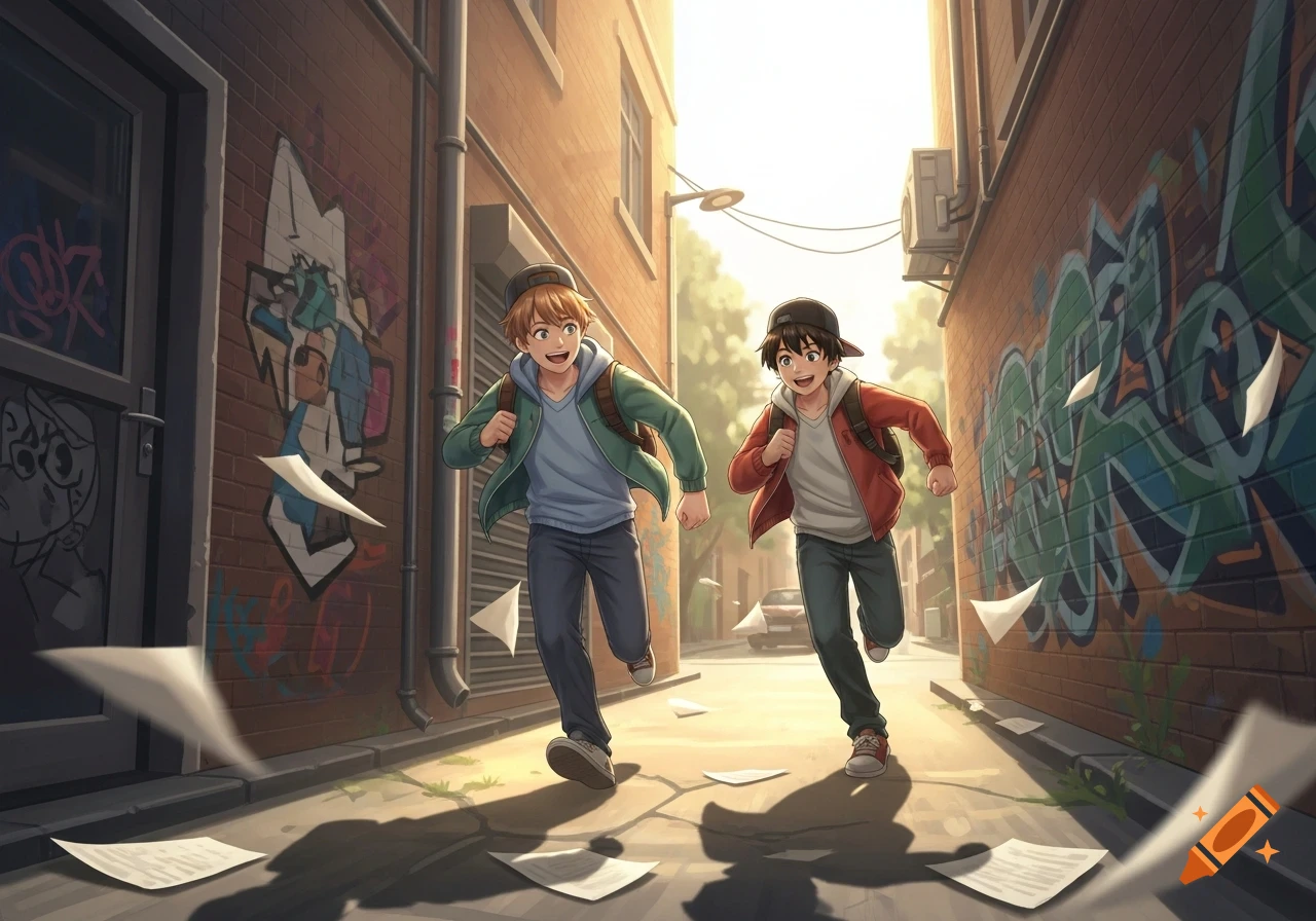 Two anime-style boys in caps and backpacks run down a sunlit alley with graffiti, as papers fly around them.