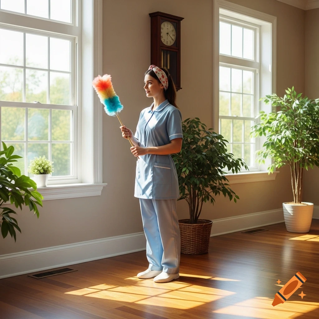 A cleaning woman in a blue uniform holds a colorful duster in a sunlit room with large windows and potted plants.