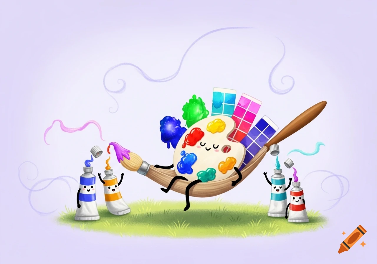A whimsical illustration of a smiling paint palette relaxing in a paintbrush hammock, surrounded by happy paint tubes and color swatches on a grassy patch.