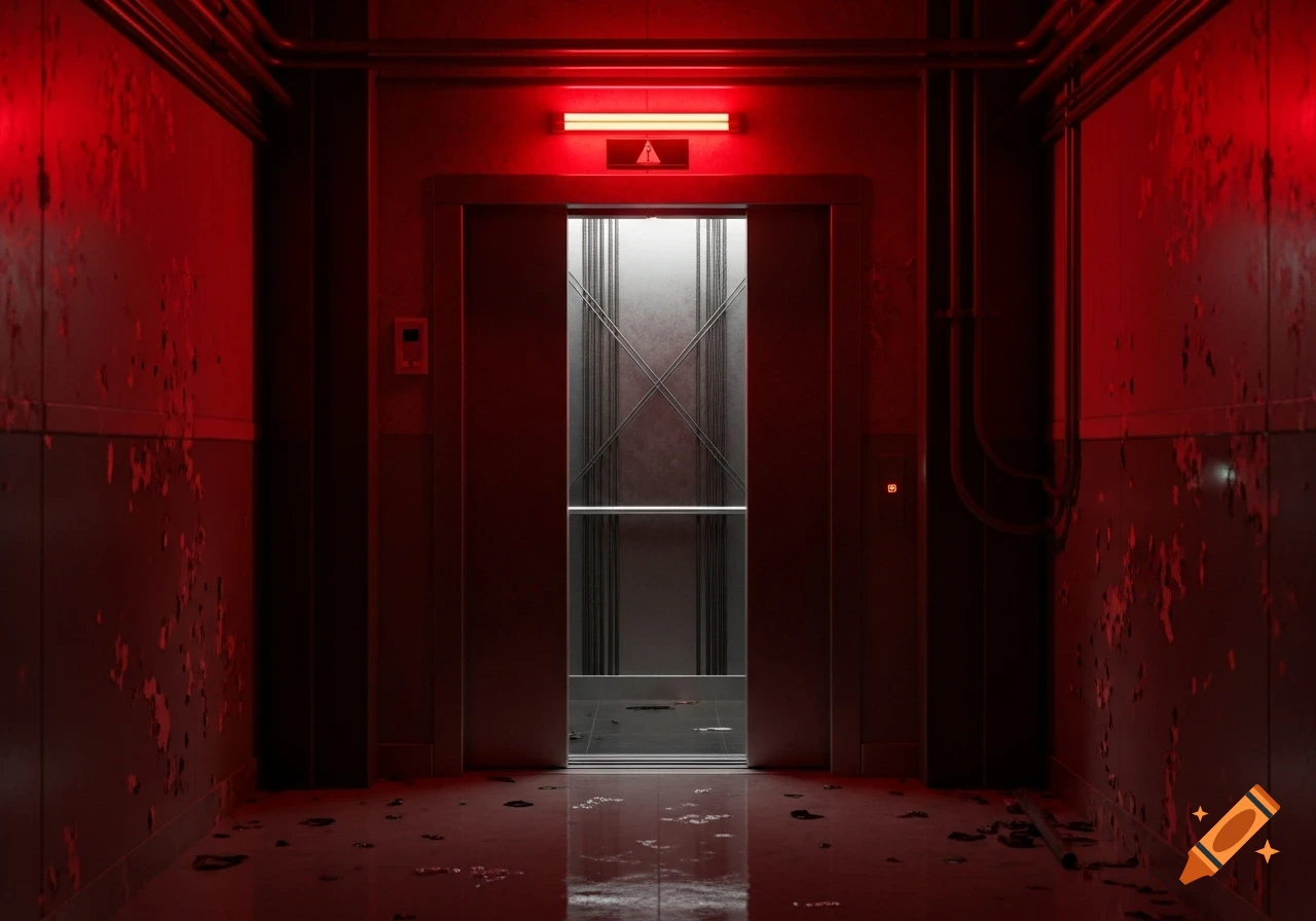 A dark, dilapidated hallway with peeling red walls and a wet floor leads to a slightly open elevator under a red warning light.
