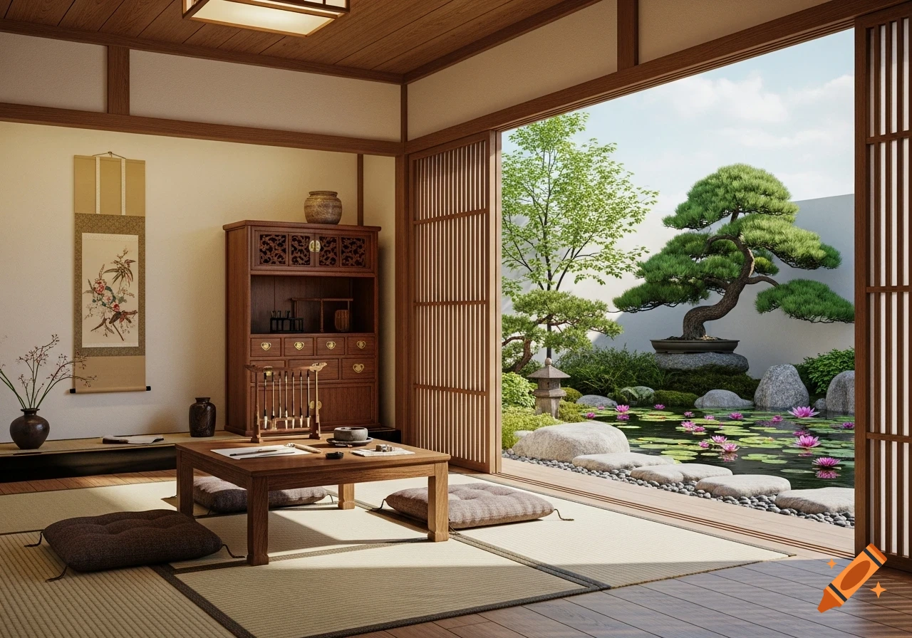 Photorealistic Japanese interior with tatami mats and wooden furniture, opening to a serene garden with a pond, water lilies, and a bonsai tree.