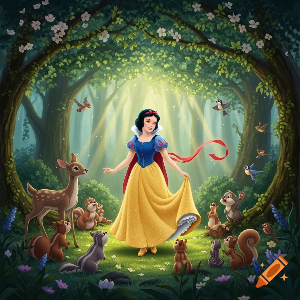 Snow White in her iconic yellow and blue dress, standing in a sun-dappled forest clearing surrounded by deer, squirrels, and birds. Stylized illustration.