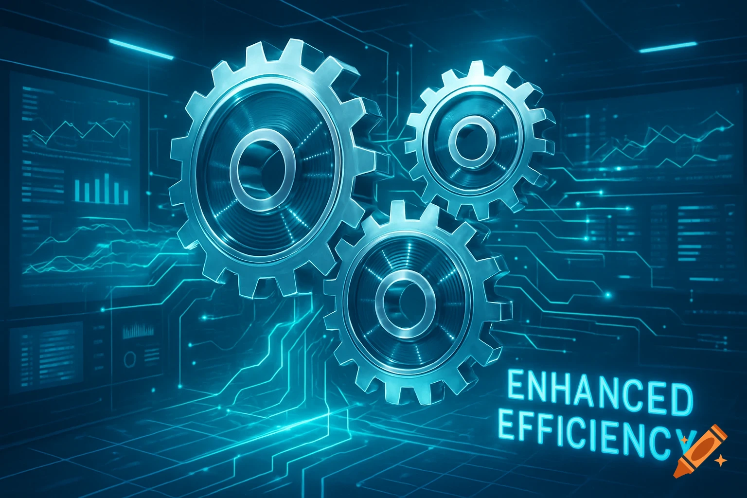 Three metallic gears, glowing blue circuit lines, abstract data displays, and text 'ENHANCED EFFICIENCY' on a dark background.