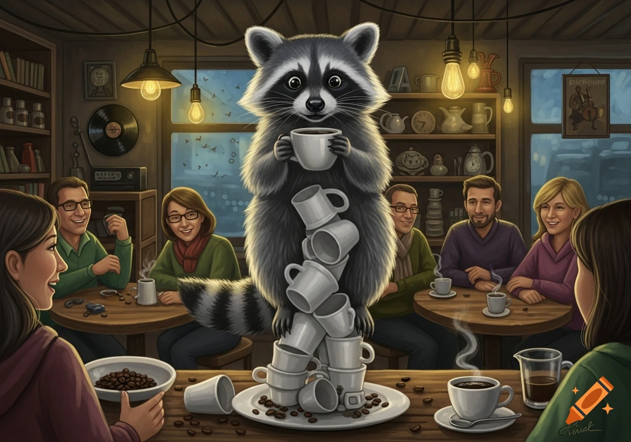 A cartoon raccoon balances on a tower of coffee cups in a cozy cafe, holding a steaming mug, while patrons seated at tables observe.