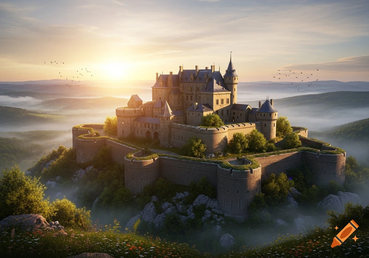 A majestic castle with intricate walls stands on a misty hill at sunrise, surrounded by green valleys under a clear sky with birds.
