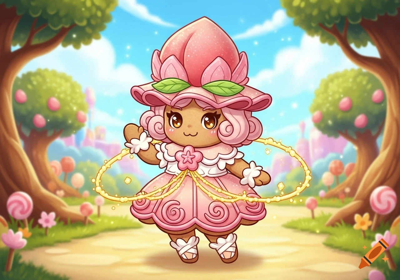 A cute, cartoon character resembling a peach cookie with a peach-petal hat and pink dress, in a whimsical candy land setting.