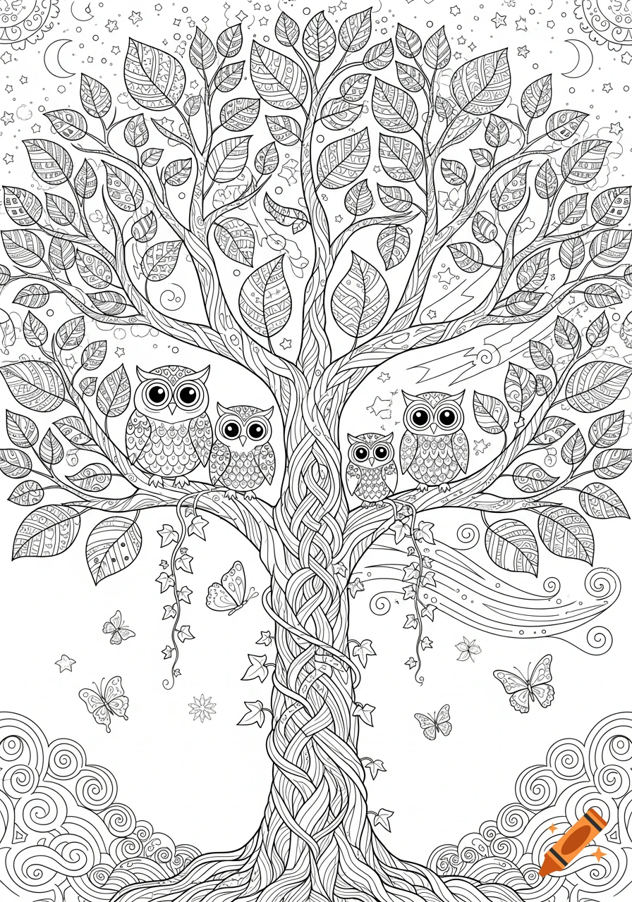 Detailed coloring page with a large tree featuring patterned leaves, four cartoon owls perched on branches, flying butterflies, and celestial elements like the sun, moon, and stars.