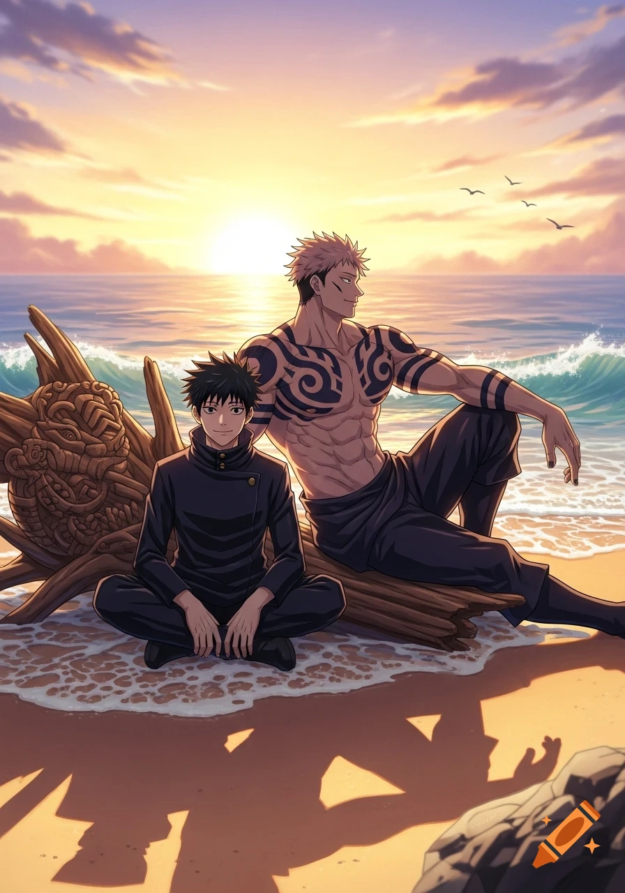 Two anime men, one with tattoos, sit by driftwood on a beach at sunset with the ocean behind them.