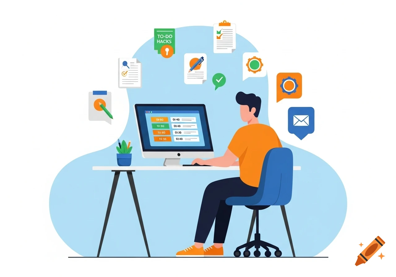 A man works at a computer desk, surrounded by floating icons for tasks, documents, and notifications, in a clean illustration style.