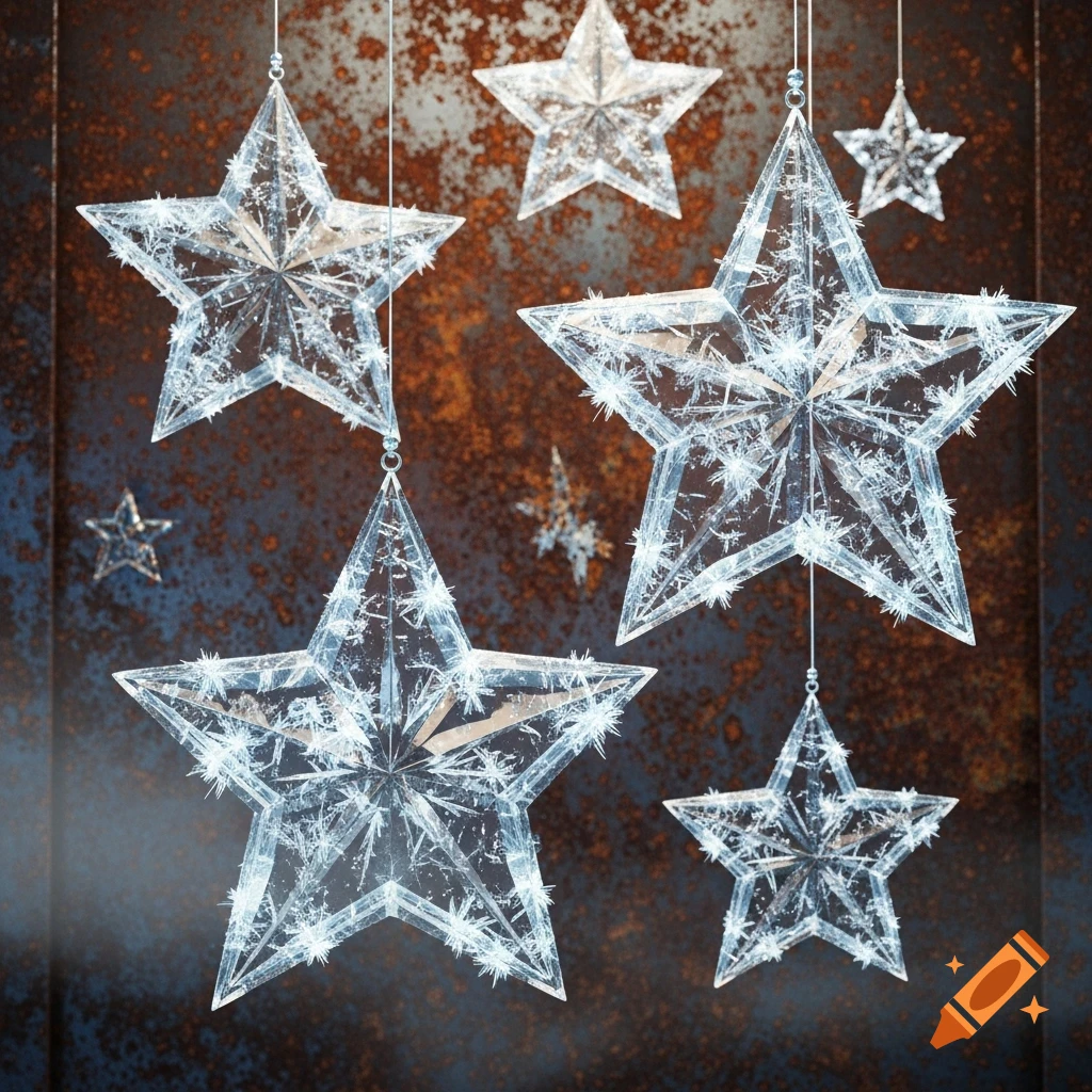 Several frosted ice stars hang against a dark, rusty metal background, appearing like delicate ornaments.