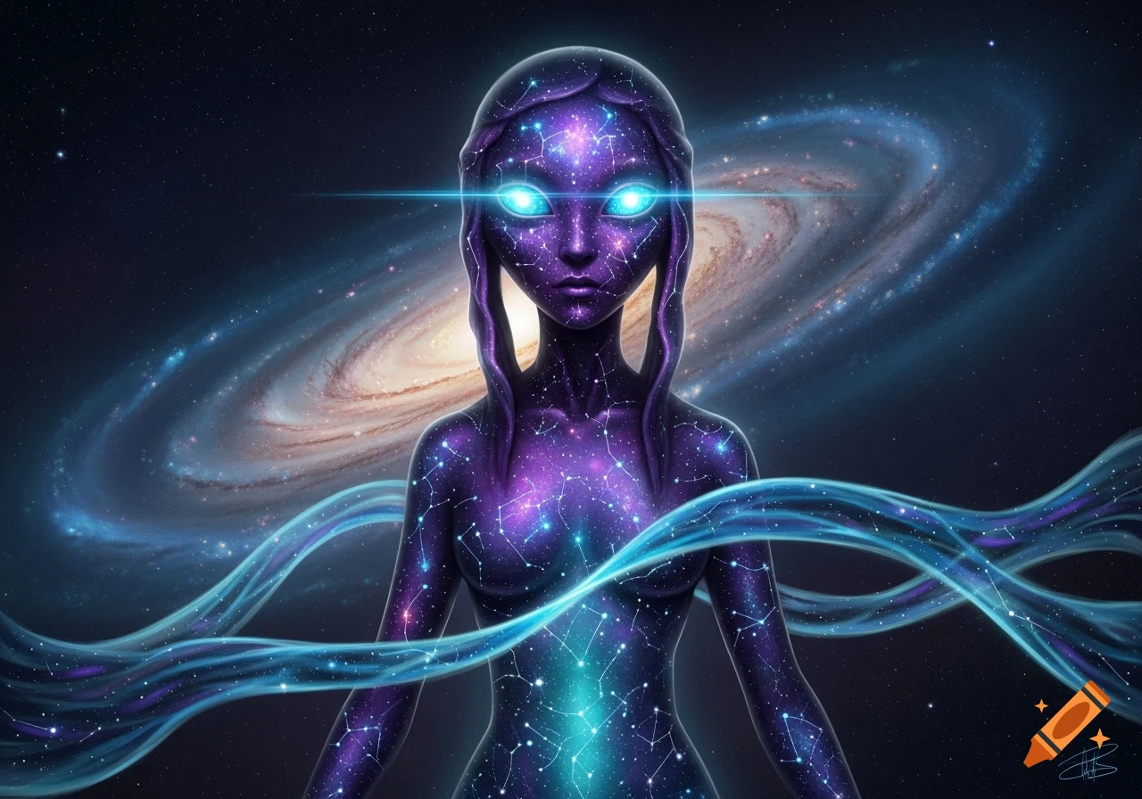 A celestial, alien-like figure made of purple and blue galaxies and stars, with glowing blue eyes, stands in deep space with a spiral galaxy behind it.