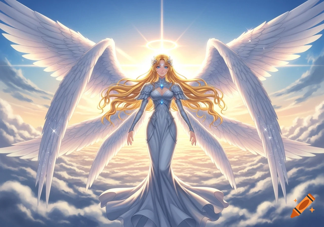 Anime-style angelic woman with six white wings, golden hair, and a halo, standing gracefully in the clouds with bright light.