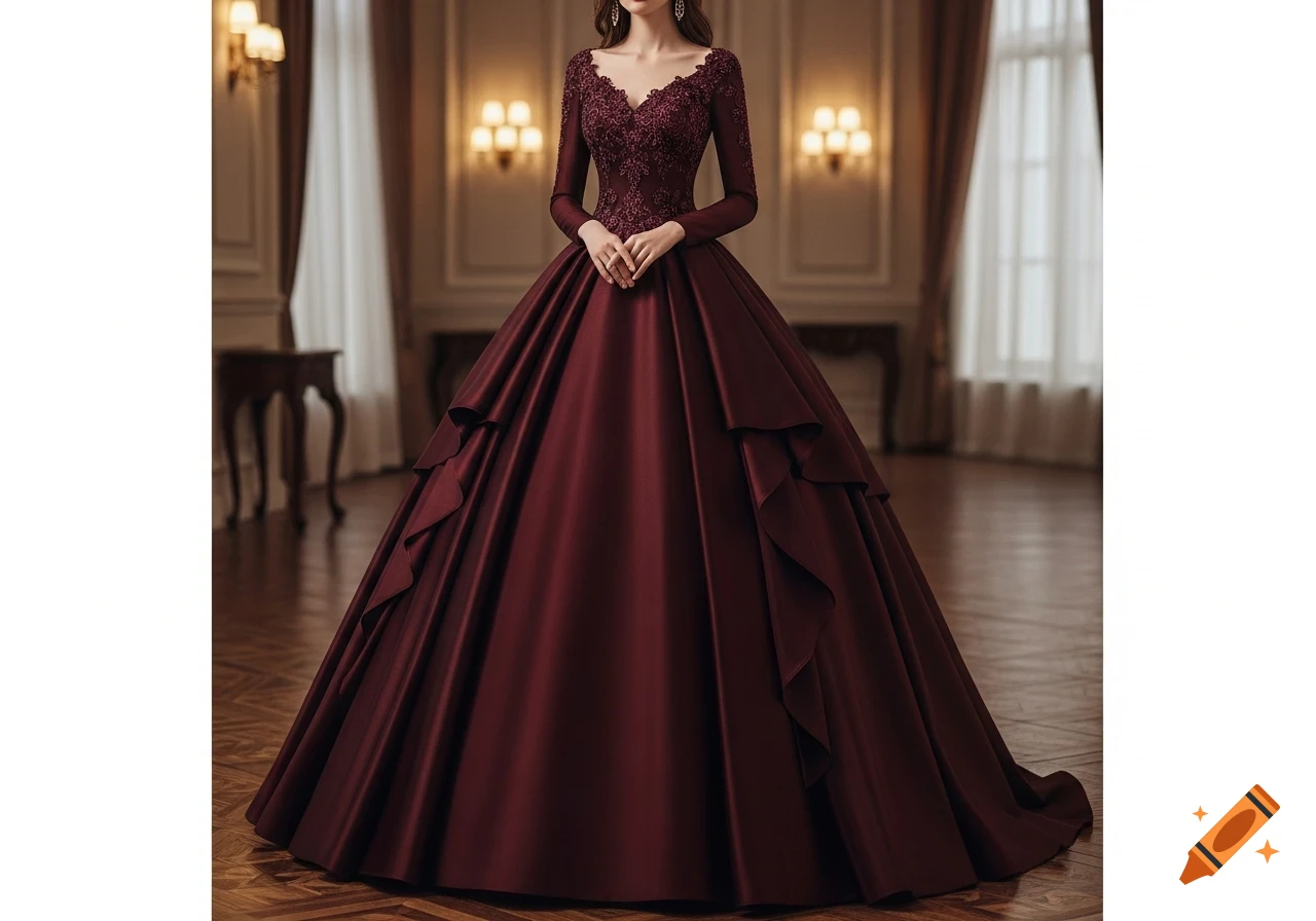 A woman wears a voluminous dark red ball gown with a lace bodice, long sleeves, and a deep V-neck, standing in an elegant room.