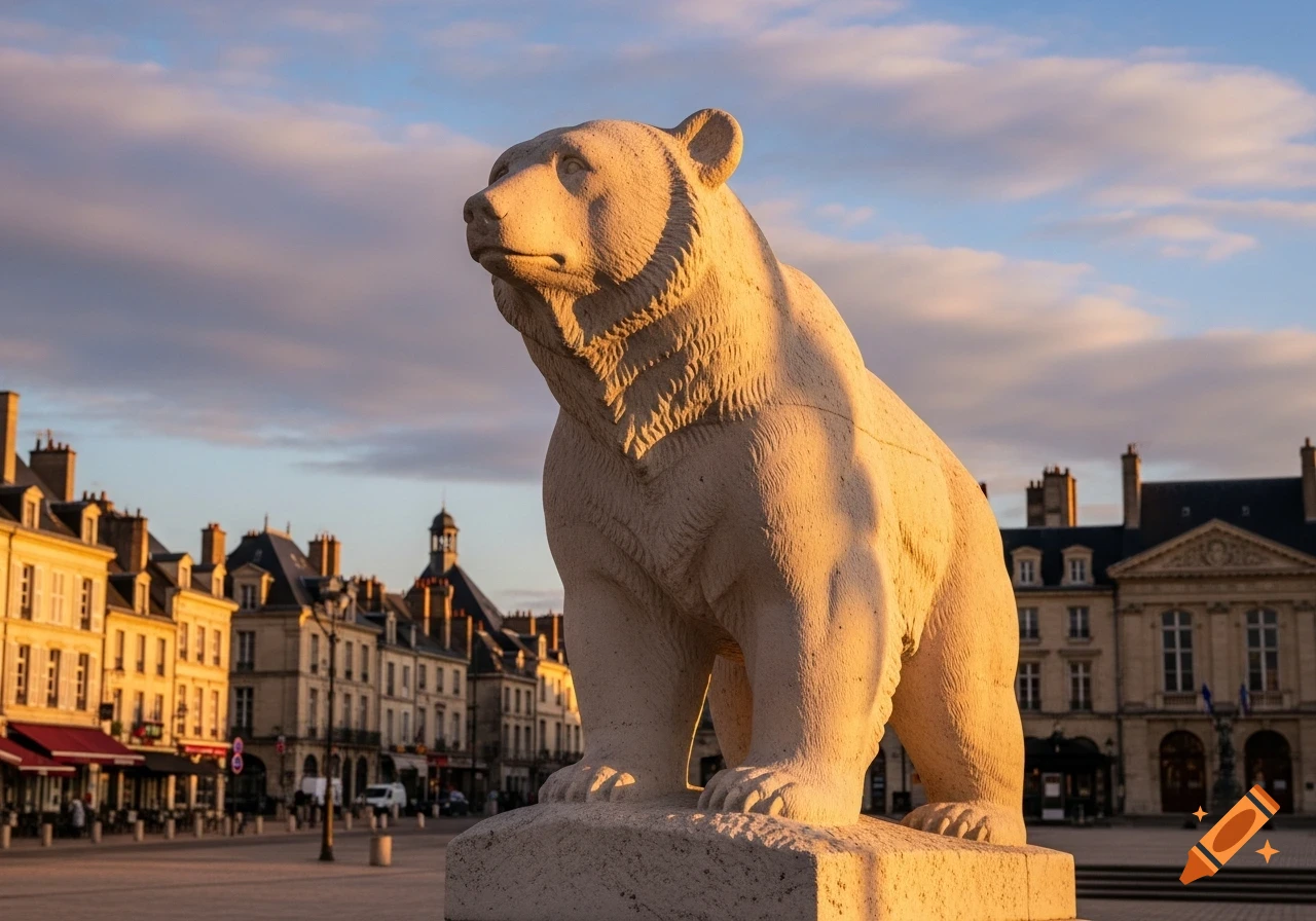 A large, light-colored bear statue stands prominently in a European city square bathed in golden sunset light, surrounded by historic buildings.