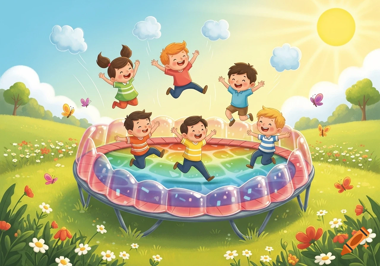 Six happy children jump on a colorful jello trampoline in a sunny, whimsical meadow with flowers and butterflies.