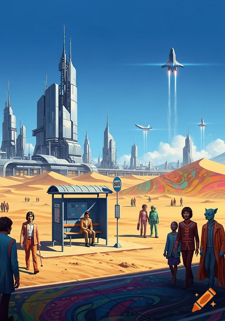 A vibrant retro-futuristic desert scene with a city skyline, spaceships taking off, and diverse people at a bus stop.