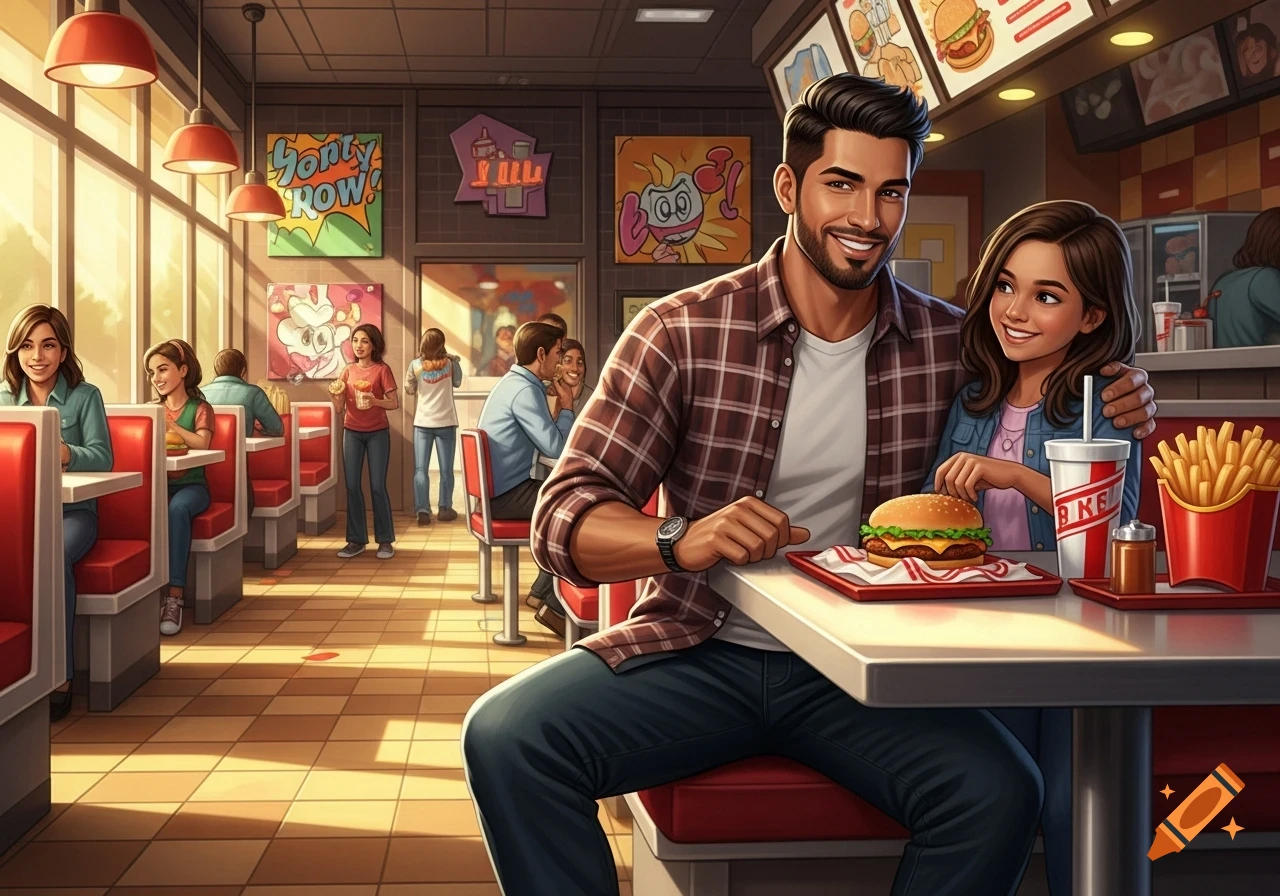 An illustrated image of a smiling father and daughter enjoying burgers and fries in a busy fast-food restaurant.