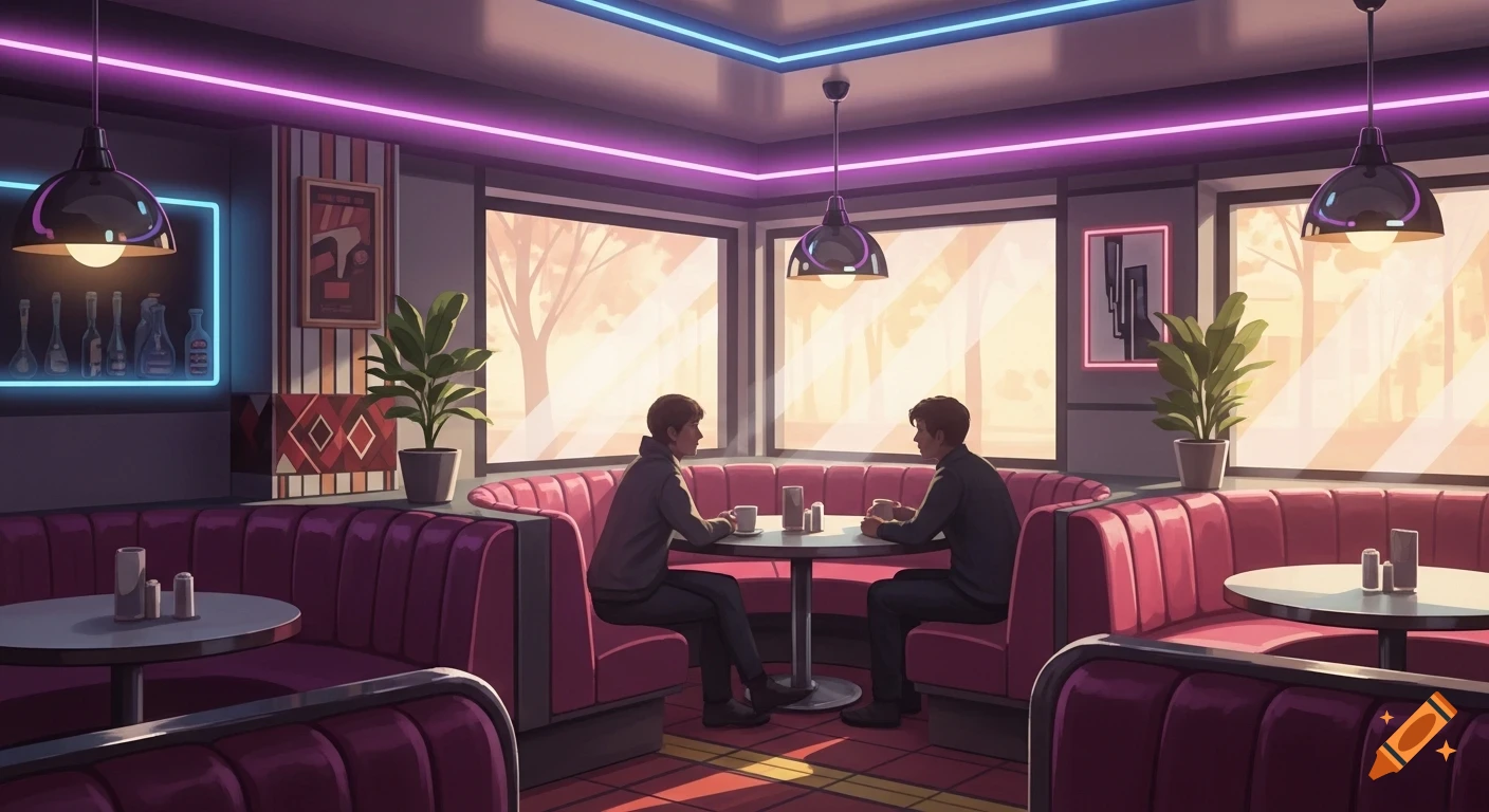 Two people talk in a neon-lit 80s-style cafe interior with pink booths, illuminated by warm morning light.