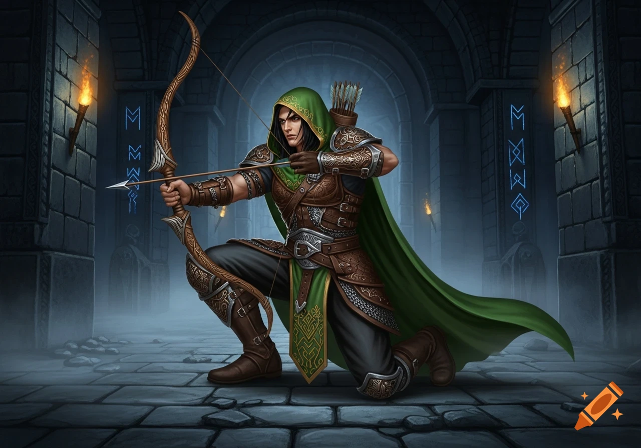 A male ranger in a green hooded cloak and leather armor kneels, aiming a longbow in a misty dungeon with torch-lit walls.