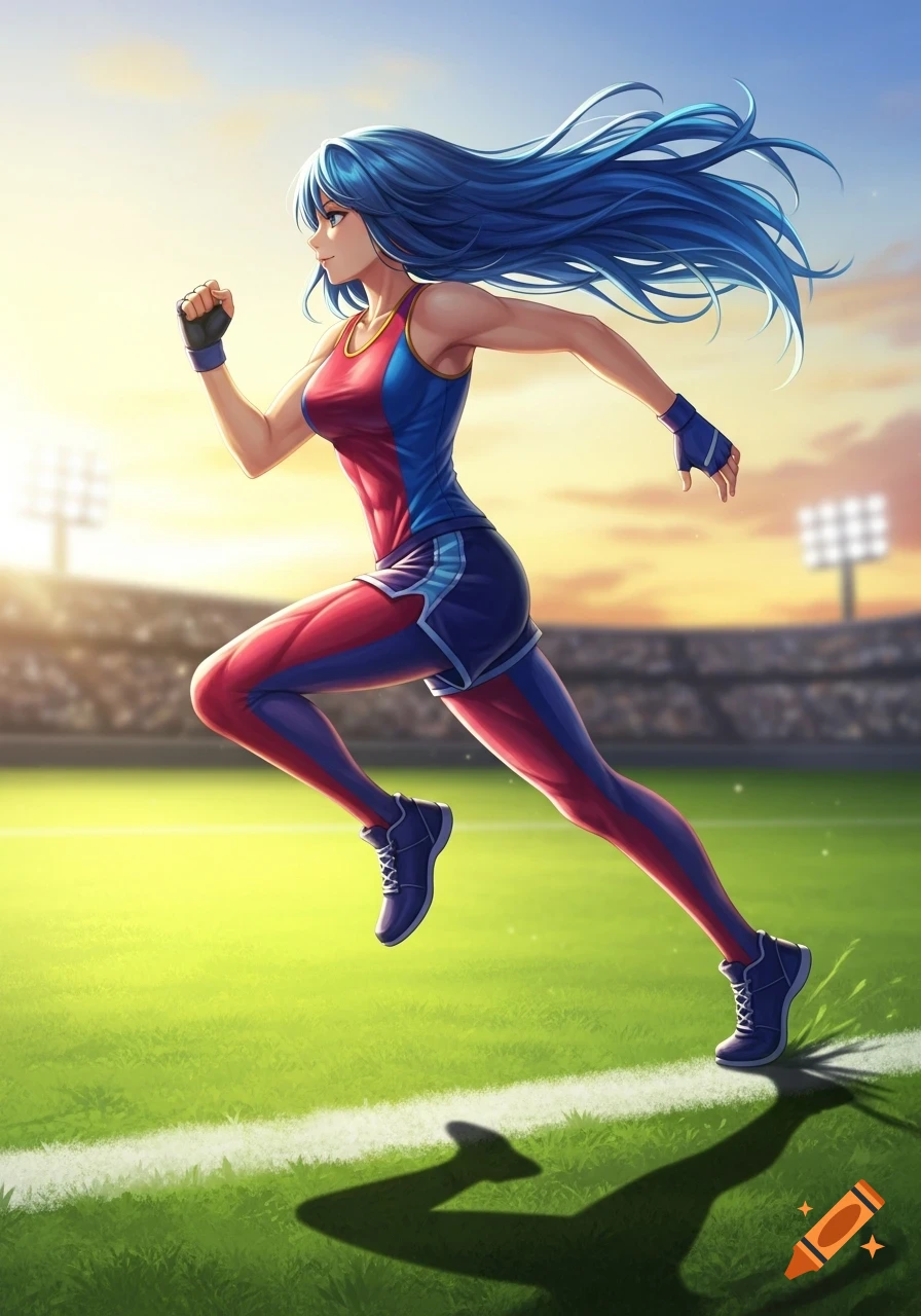 Anime girl with blue hair running on a green sports field in a stadium at sunset.