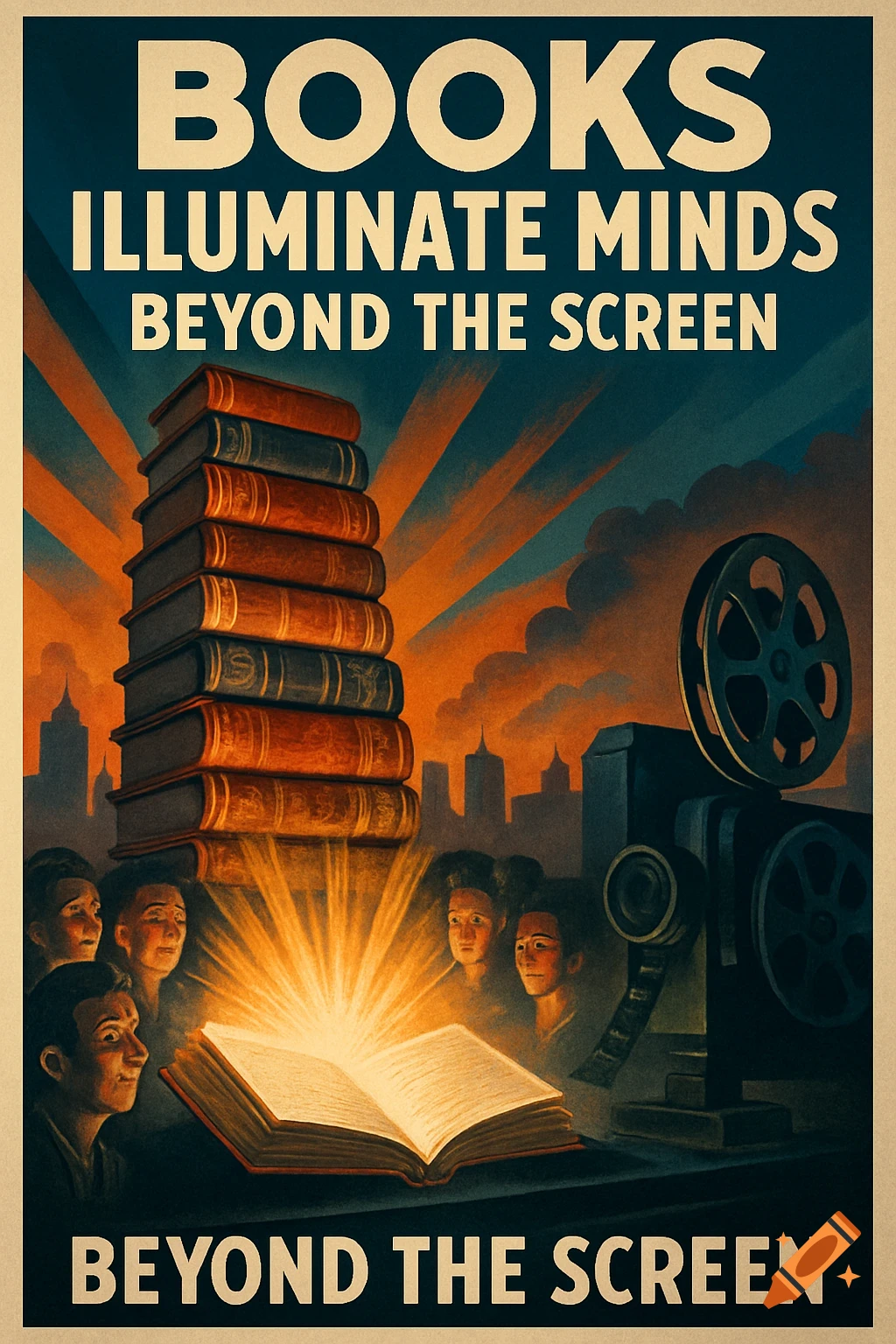 Vintage propaganda poster showing a stack of books, an open glowing book, and people looking at it, with a film projector nearby, and text reading 'BOOKS ILLUMINATE MINDS BEYOND THE SCREEN'.