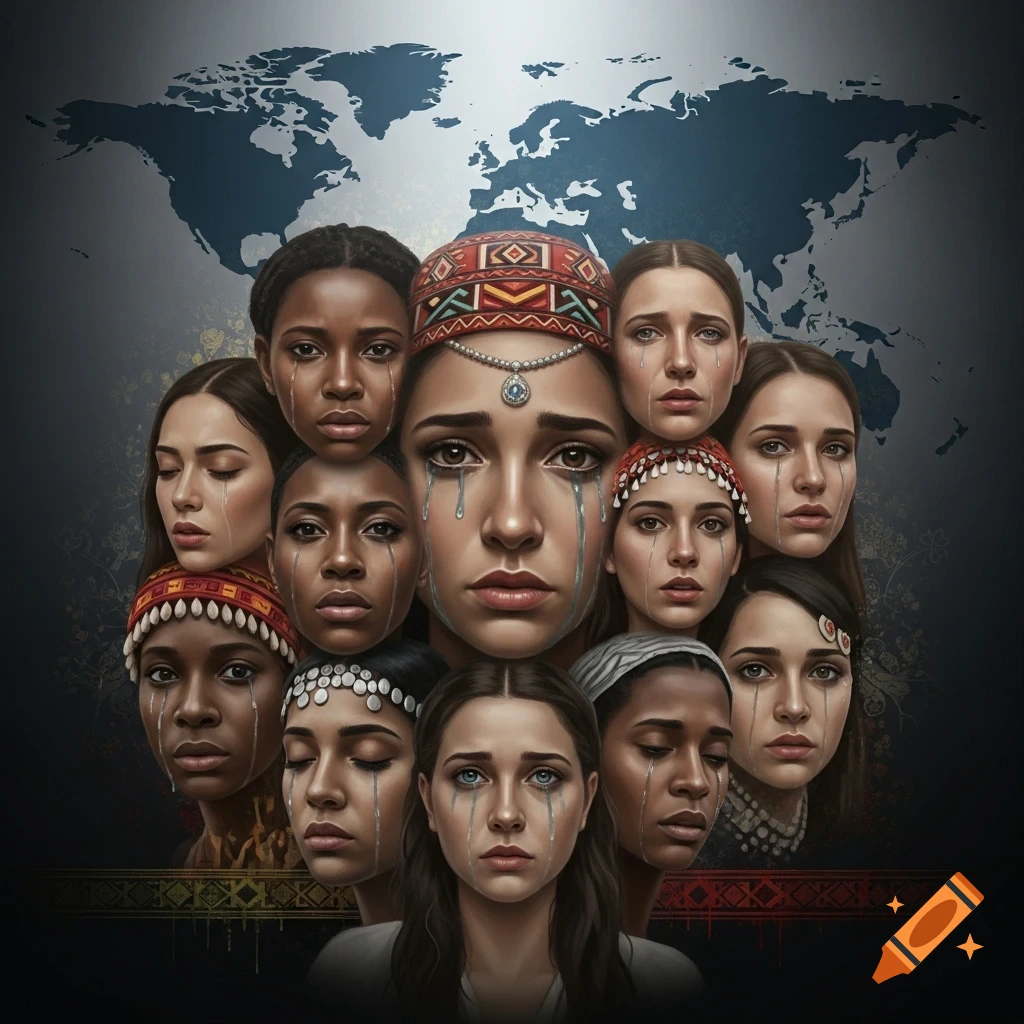 A collage of diverse women's faces, many crying, against a dark background with a blurred world map.